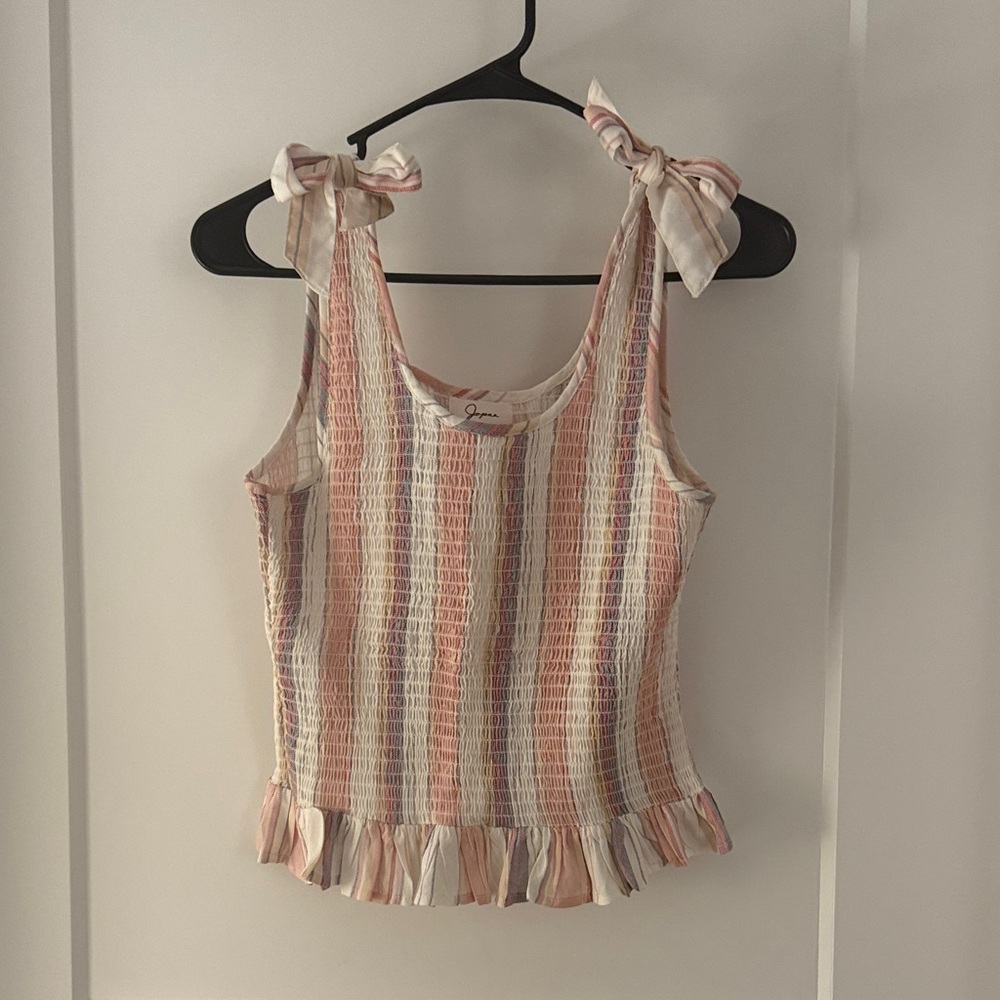 Japna Pink and Tan Smocked Ruffled Tank Top